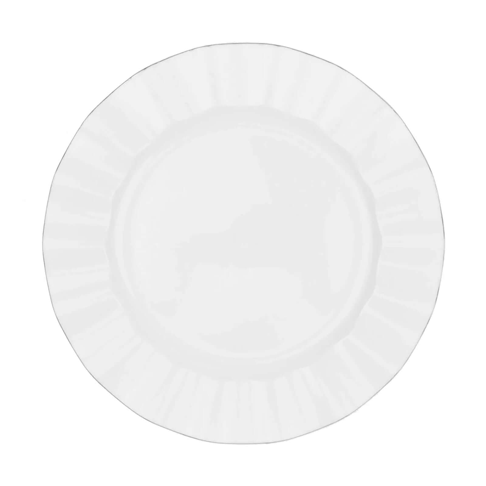 10-Pack Plastic 11" Round Dinner Plates in White Ruffled Rim with Gold Edging - Sturdy Disposable Dinnerware for Classy Events & Banquets