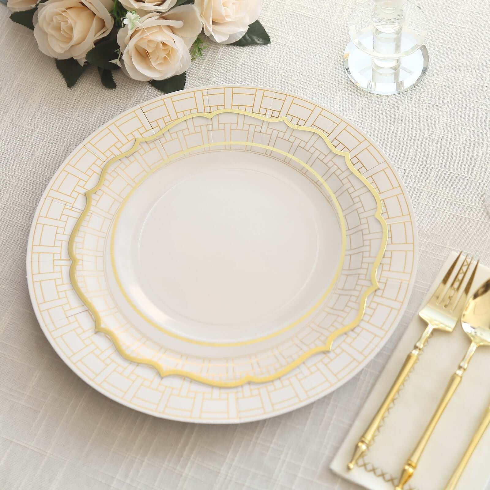 10-Pack Cardstock Paper Charger Plates in White with Gold Basketweave Pattern Rim - 650GSM Cardboard Placemats for Weddings & Banquets 13"