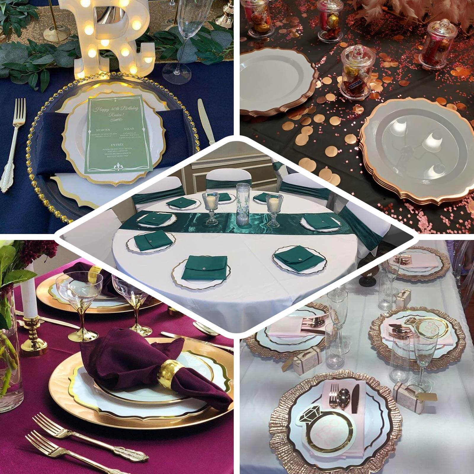 10-Pack Plastic 10" Round Dinner Plates in Gold with Gold Scalloped Rim - Disposable Party Plates