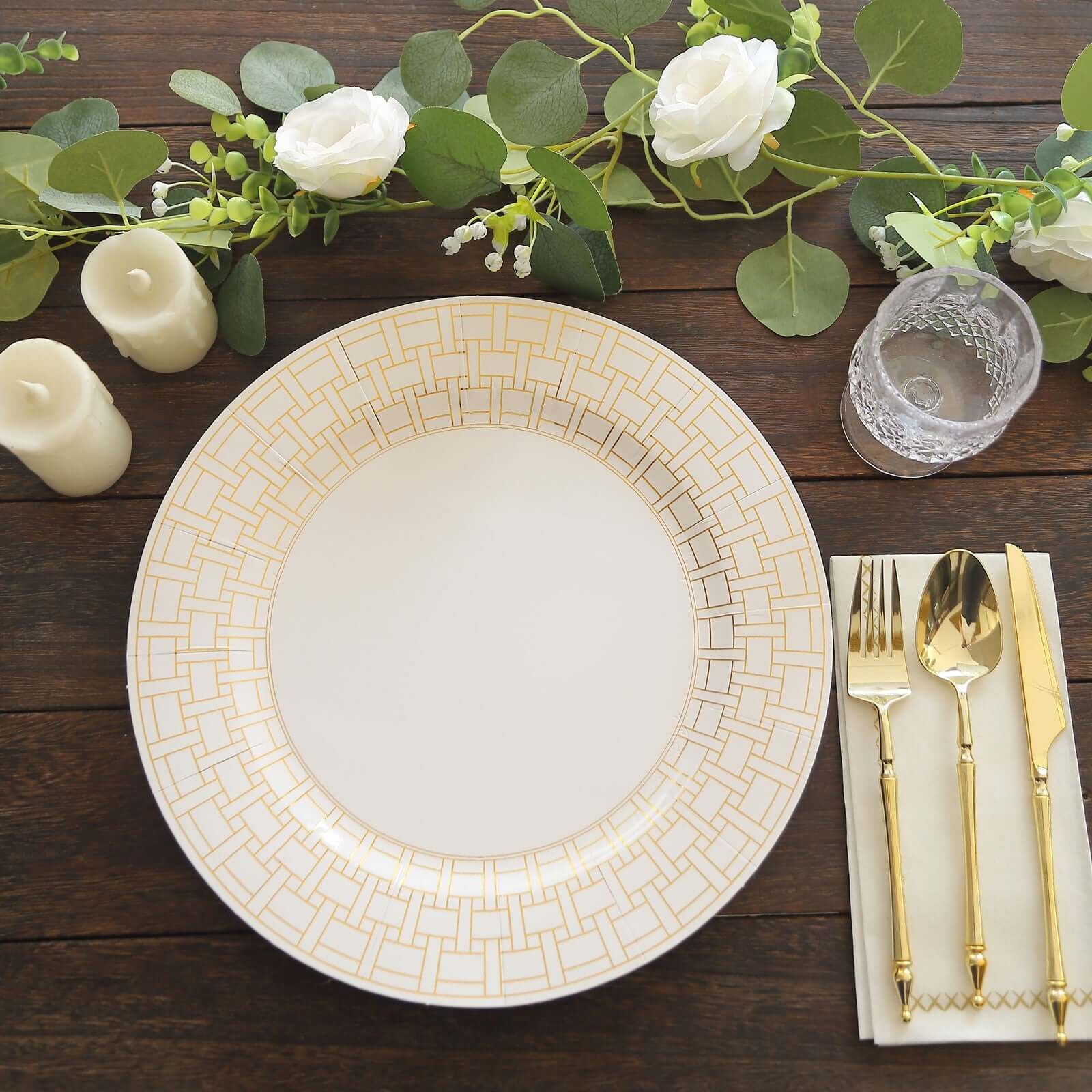 10-Pack Cardstock Paper Charger Plates in White with Gold Basketweave Pattern Rim - 650GSM Cardboard Placemats for Weddings & Banquets 13"