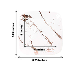 10-Pack Plastic 8" Square Dessert Plates in White with Rose Gold Marble Design - Disposable Appetizer Salad Party Plates