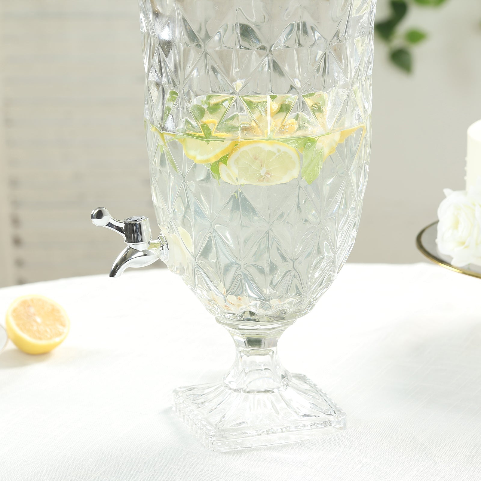 1.3 Gallon Glass Beverage Dispenser, Apothecary Jar Style Party Drink Dispenser with Diamond Texture and Lid - Versatile Serving Feature 21"