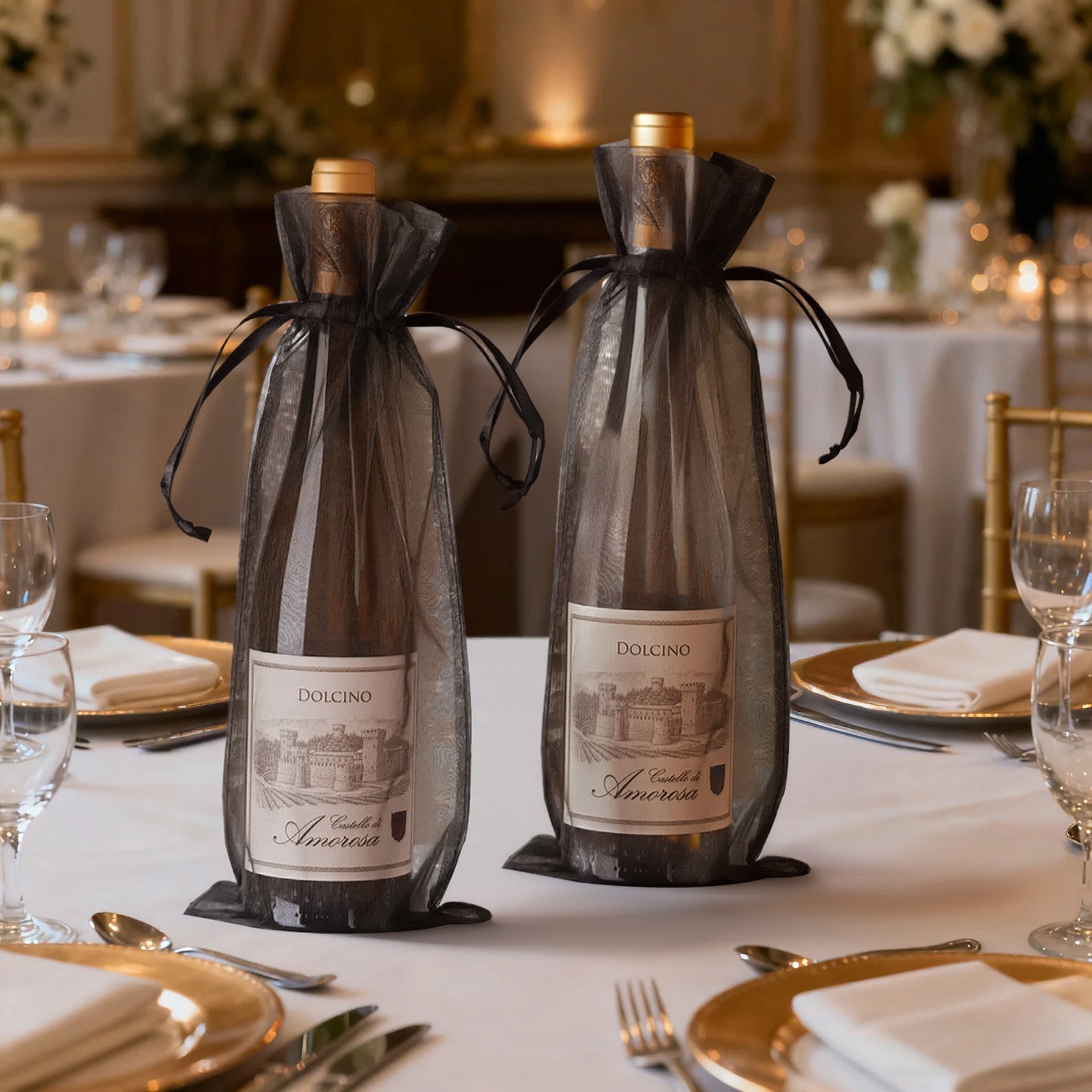 100 Pack Black Organza Wine Gift Bags with Drawstring, 6" x 15" – Wedding Party Bottle Favor Bags