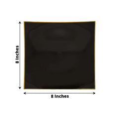 10-Pack Plastic 8" Square Dessert Plates in Black Concave Style with Gold Rim - Modern Disposable Salad Appetizer Party Plates