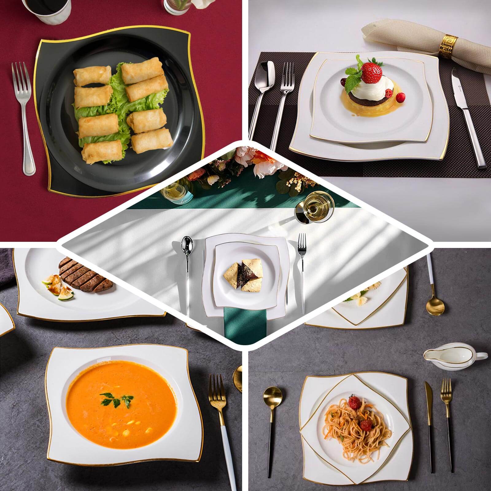 10-Pack Plastic 8" Square Dessert Plates in Black with Gold Wavy Rim Modern - Disposable Salad Appetizer Party Plates