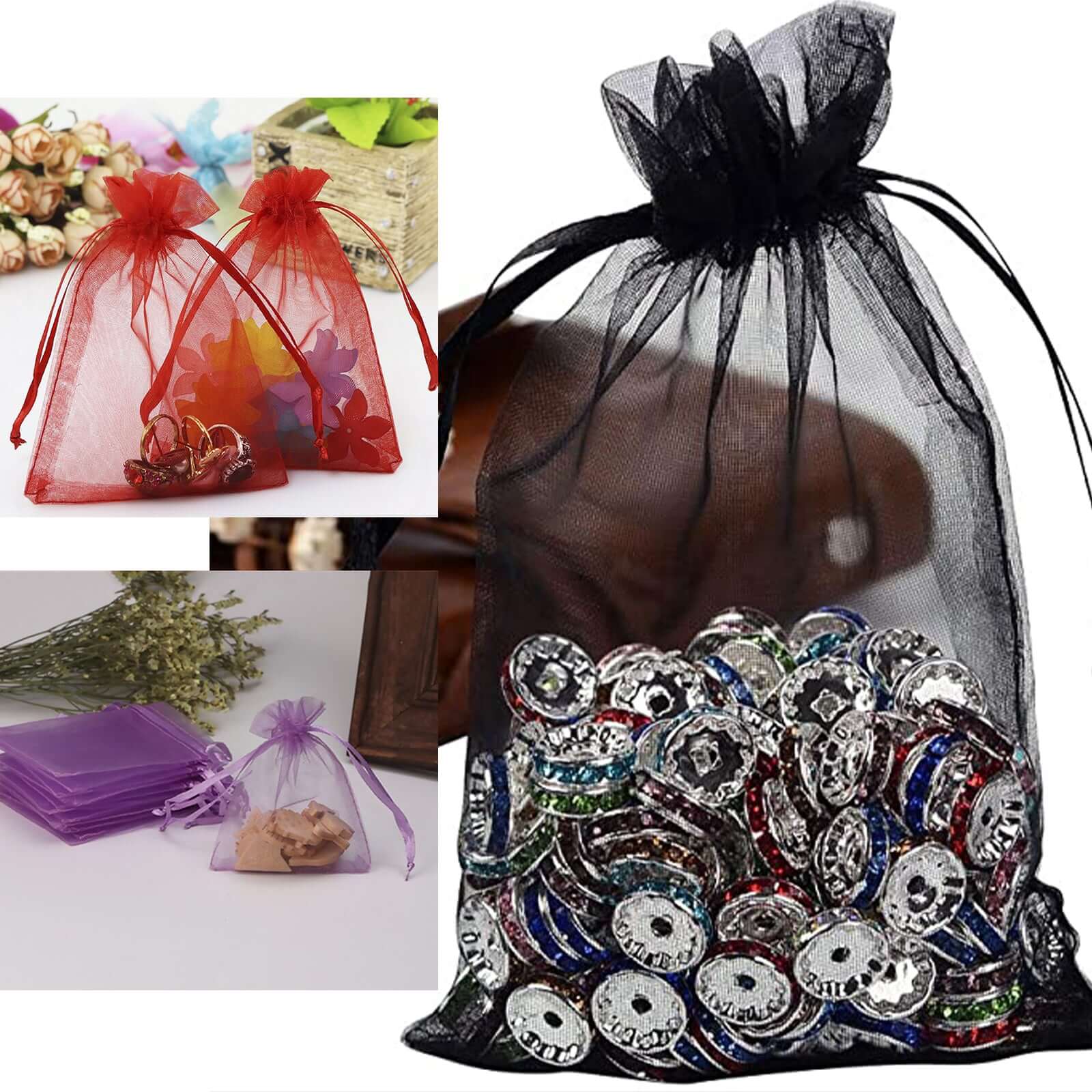 100 Pack Black Organza Gift Bags with Drawstring, 5" x 7" – Wedding Party Favor Bags