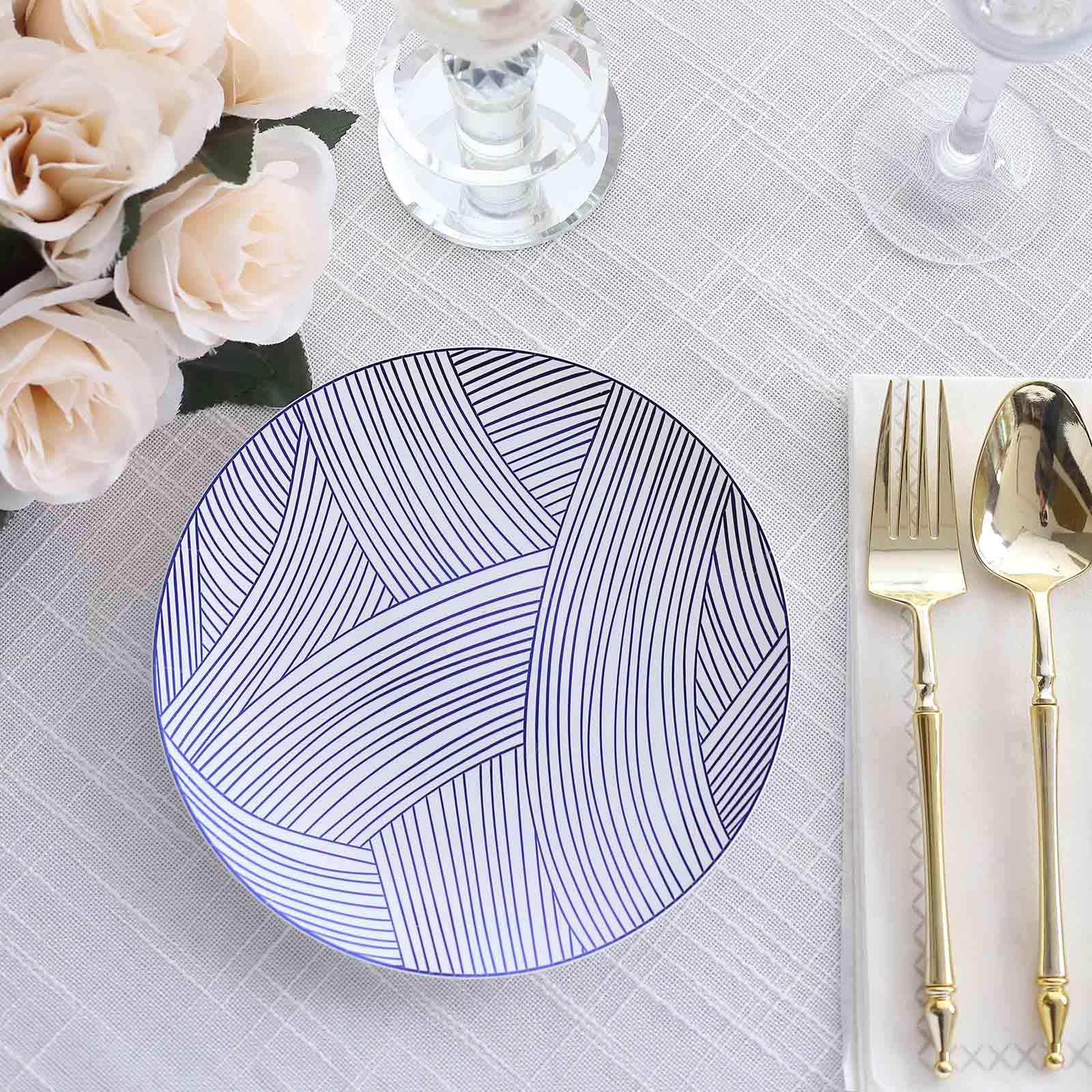 10-Pack Plastic 7" Round Dessert Plates in White with Blue Wave Brush Strokes Pattern - Disposable Appetizer Salad Plates