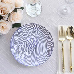 10-Pack Plastic 7" Round Dessert Plates in White with Blue Wave Brush Strokes Pattern - Disposable Appetizer Salad Plates