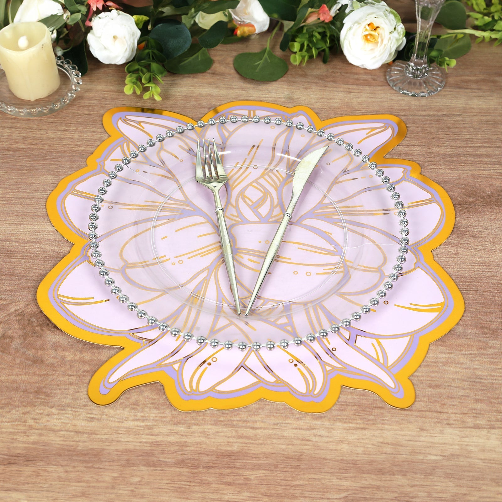 10-Pack Disposable Table Placemats in Lavender with Peony Flower Print & Gold Foil Edges - Lilac 300GSM Floral Cardboard Placemats for Dinner Parties & Gatherings 14"