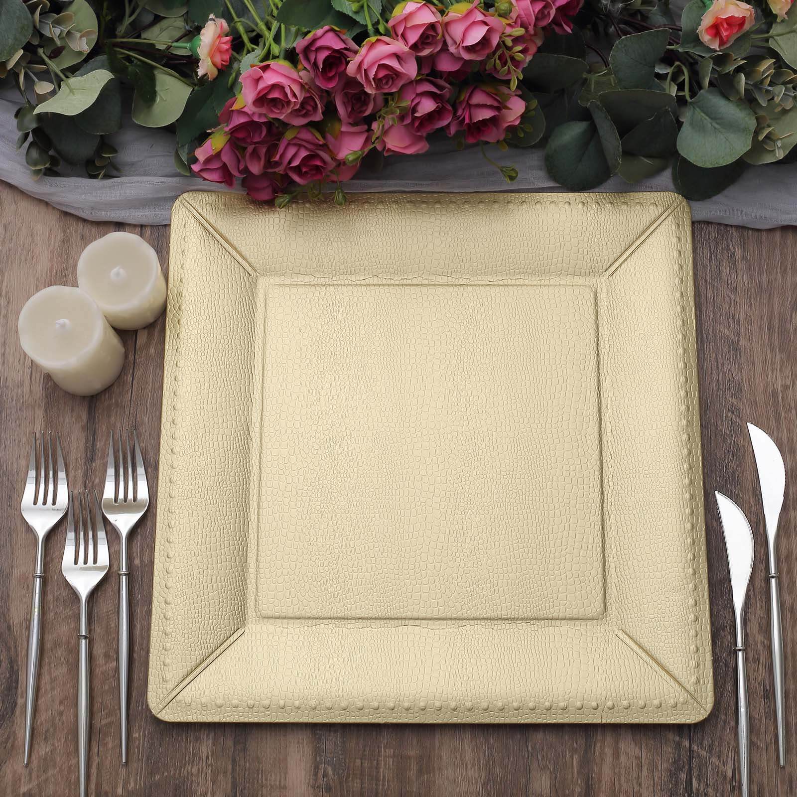 10-Pack Disposable Square Charger Plates in Champagne with Leather Like Texture - 1100GSM Durable Paper Chargers 13"