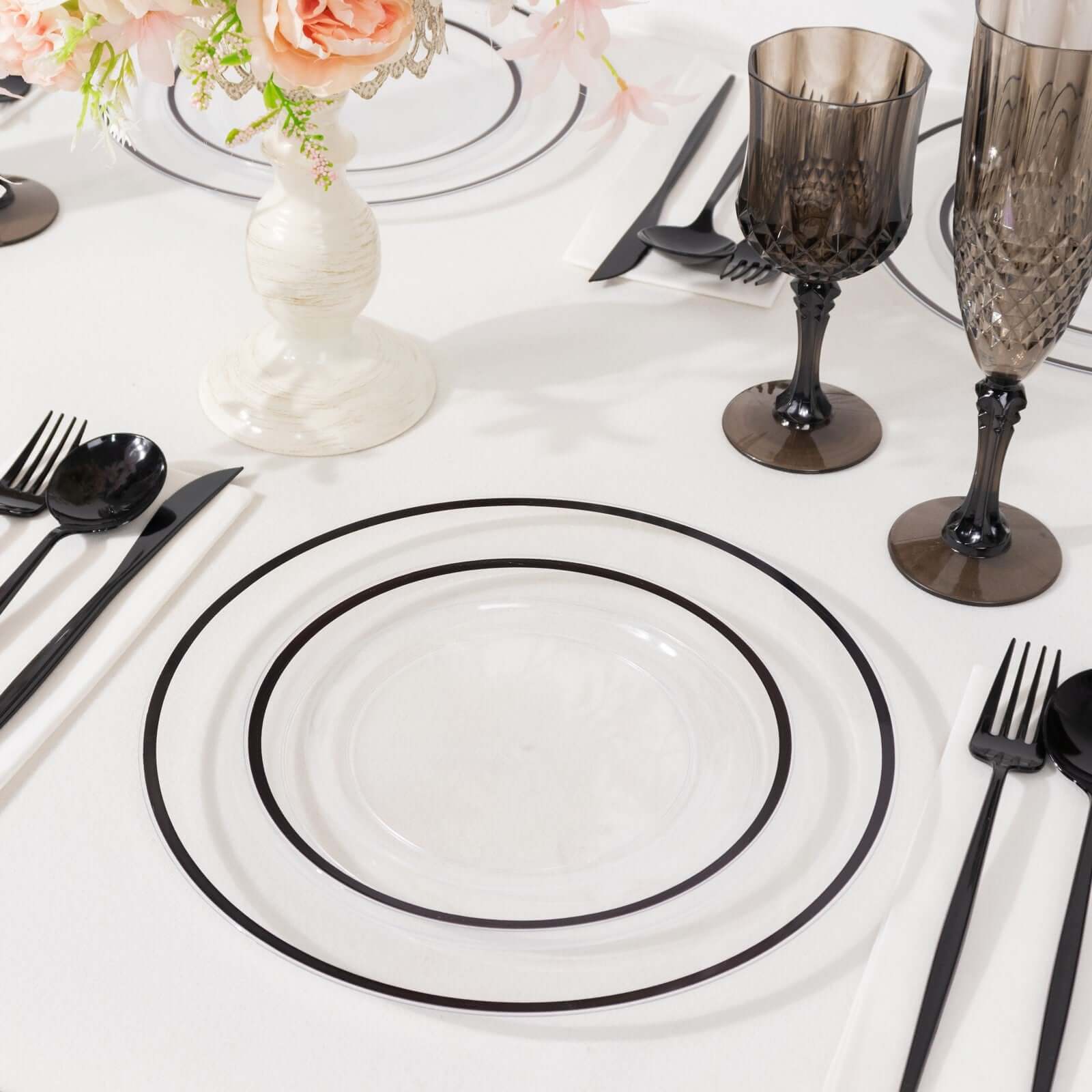 10-Pack Plastic 7" Round Appetizer Plates in Clear with Black Rim - Sleek Disposable Salad Plates for Banquets & Special Occasions