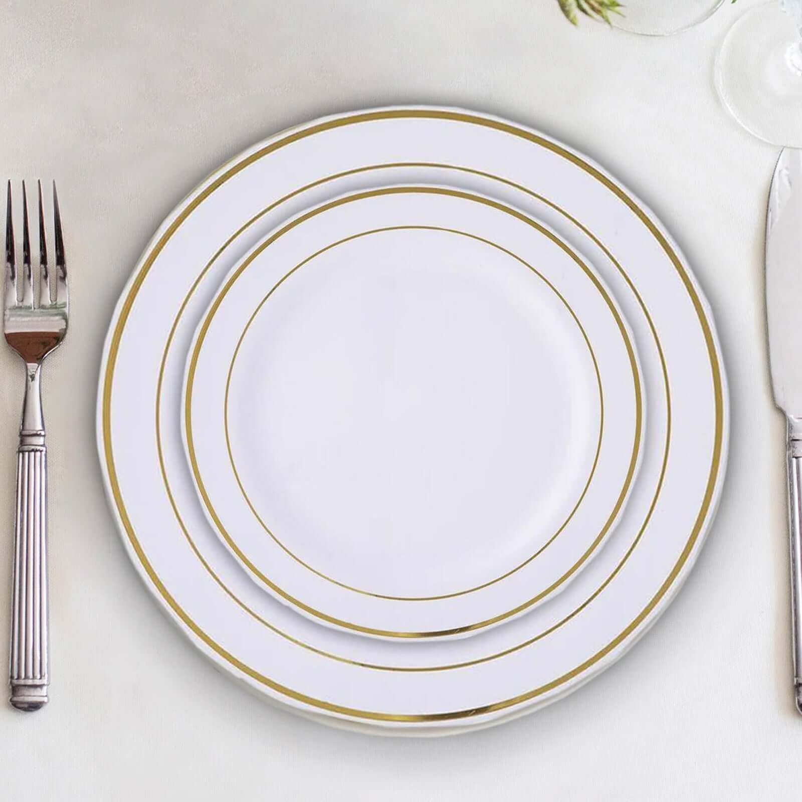 10-Pack Plastic Dessert Plates White with Très Chic Gold Rim - Disposable Plates for Appetizers 6"