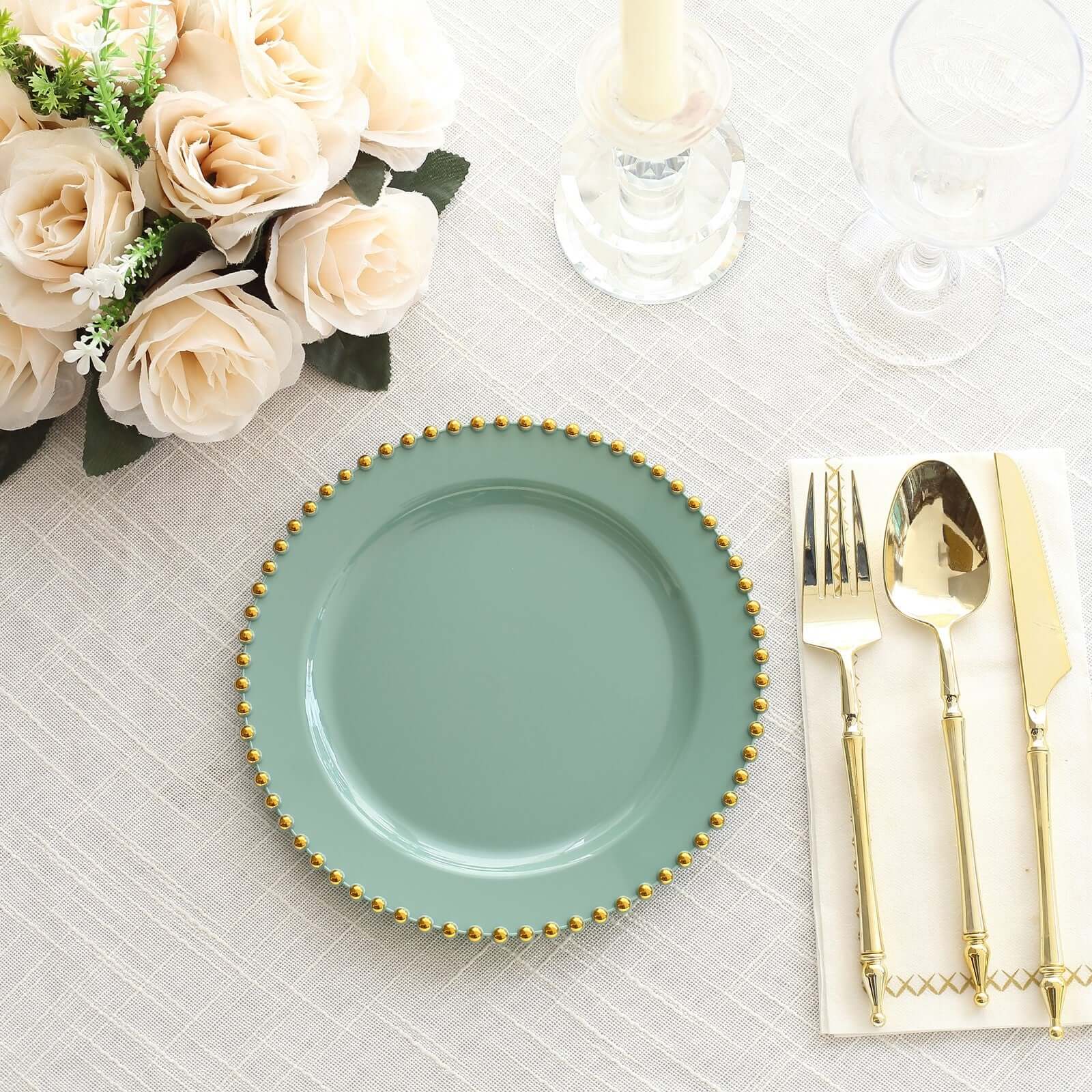 10-Pack Dusty Sage Green Plastic Dessert Plates – 8" Round with Gold Beaded Rim, Disposable for Parties & Events