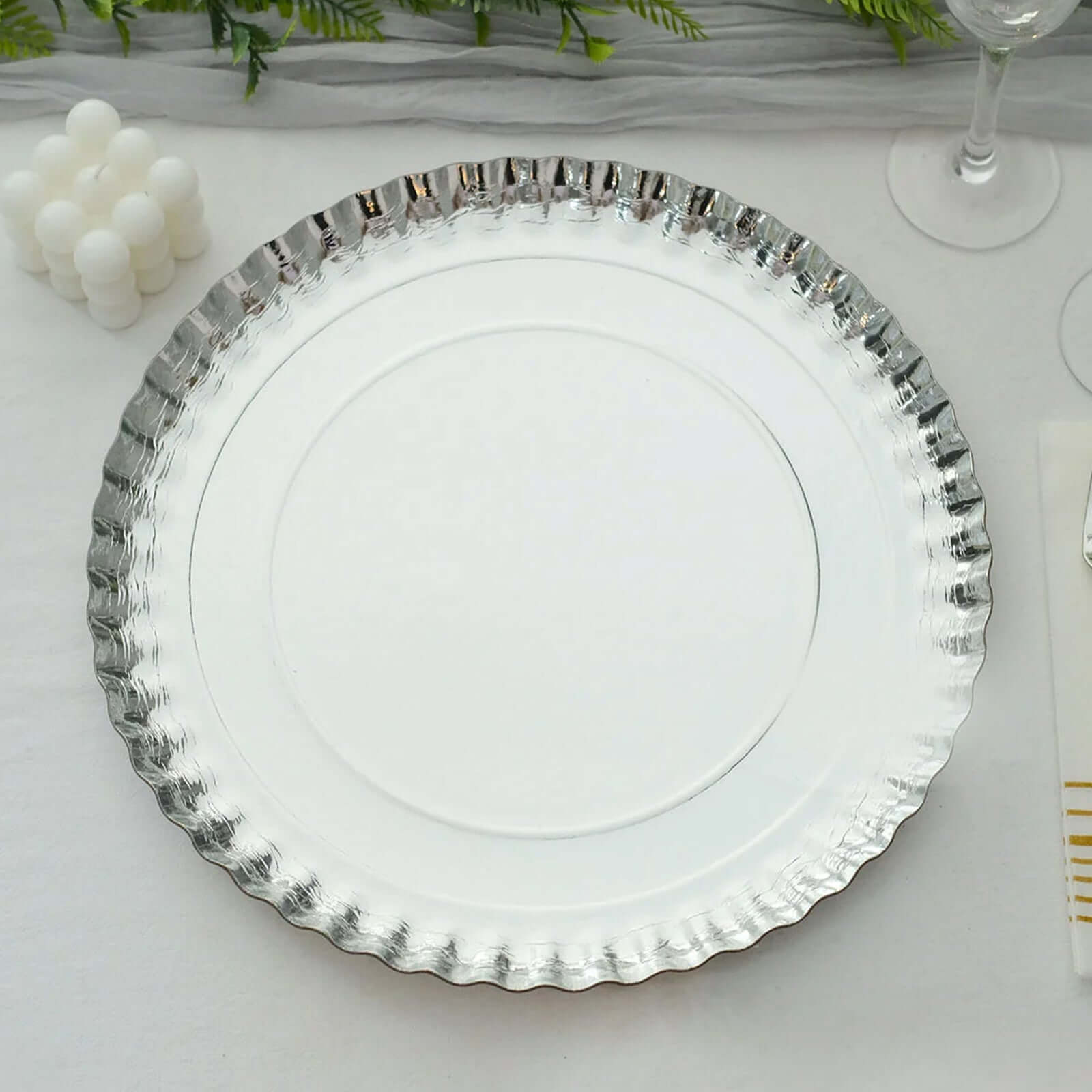 10-Pack Paper 13" Round Charger Plates in Silver with Scalloped Rims - Heavy Duty Disposable 1100GSM Serving Trays for Glam Events & Wedding Receptions