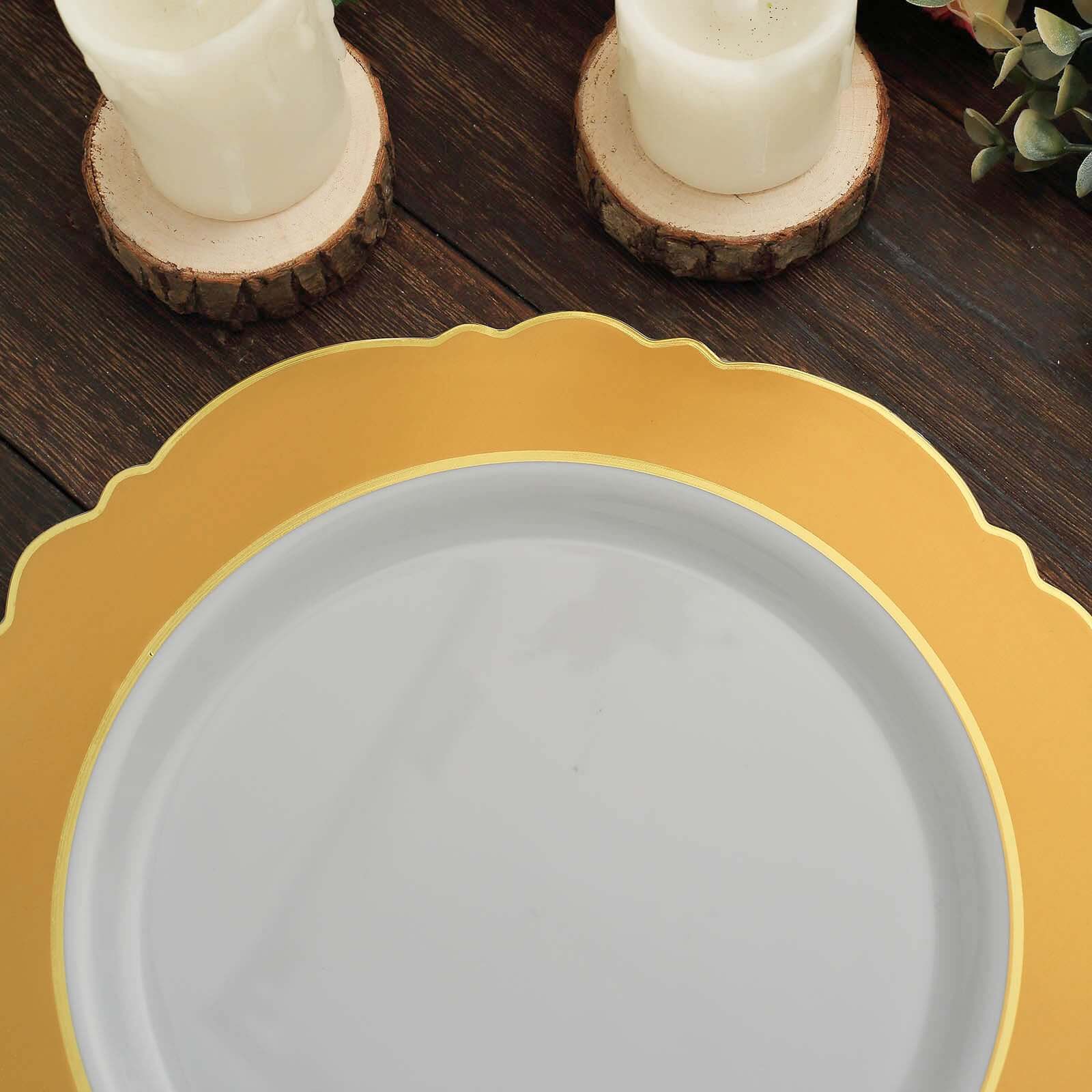 10-Pack Plastic 10" Round Dinner Plates in White with Gold Blossom Design & Gold Edging - Disposable Party Plates for Modern & Classy Table Decor