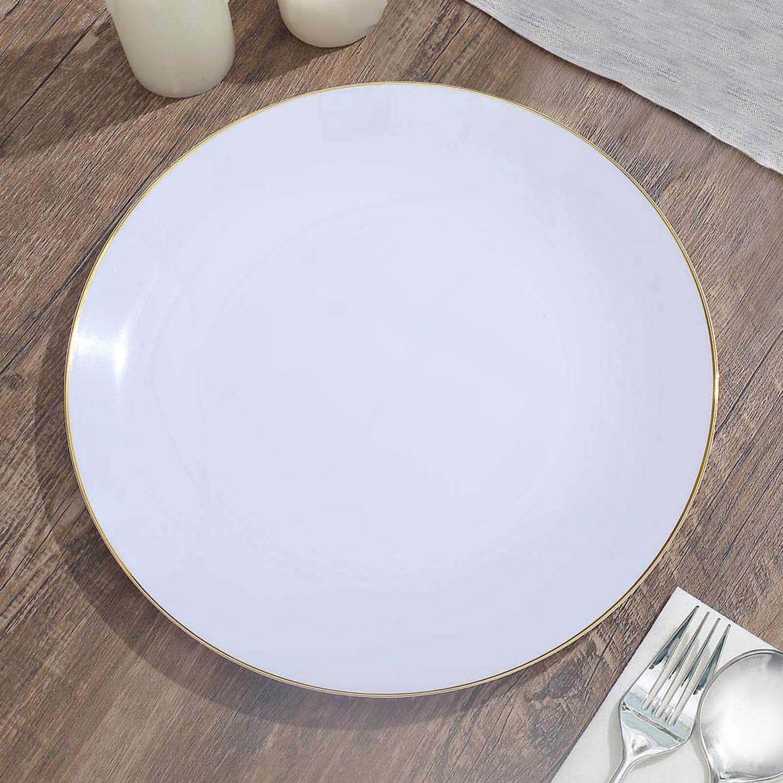 10-Pack Plastic 10" Round Dinner Plates in White with Gold Rim - Glossy Disposable Party Plates for Banquets & Special Occasions