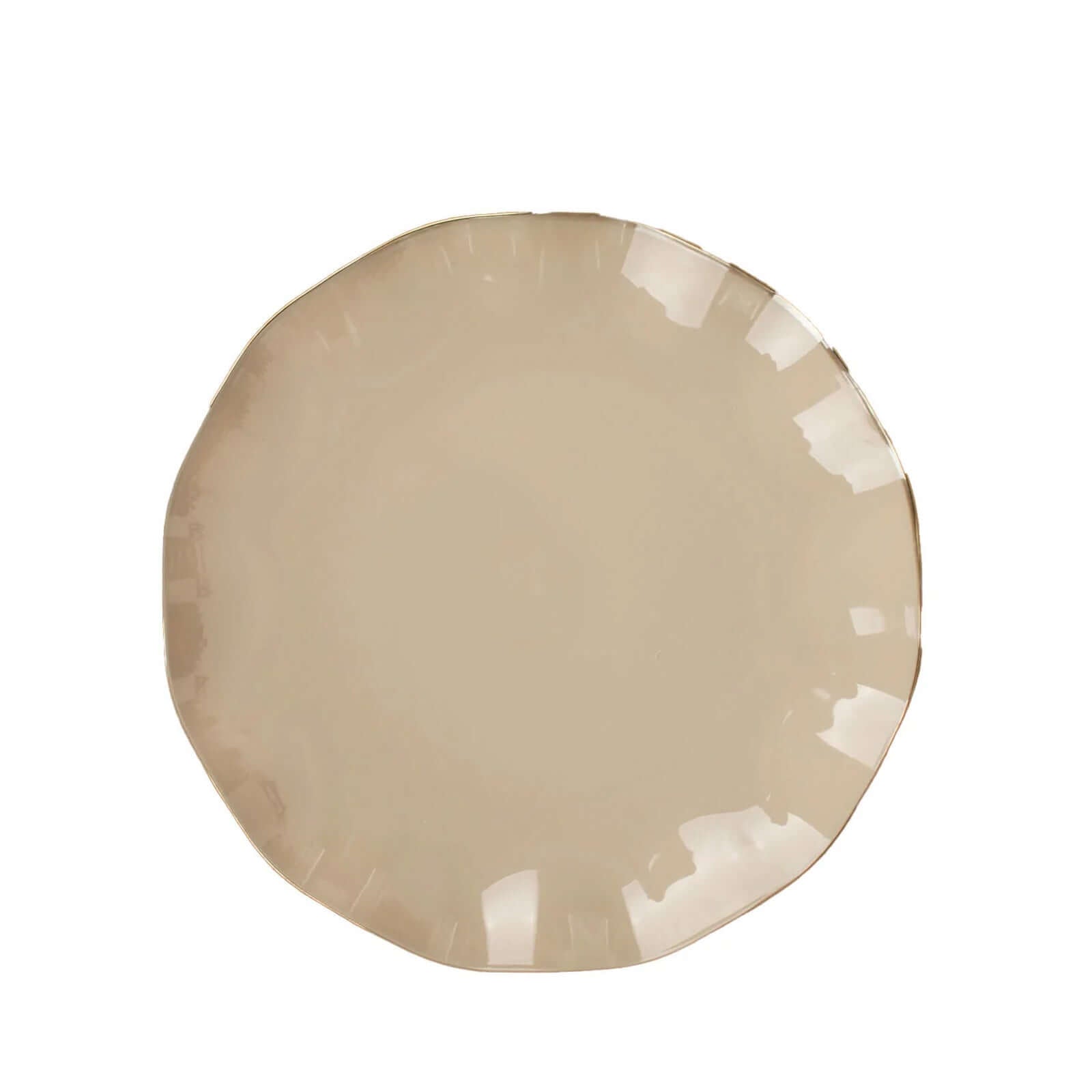 10-Pack Plastic Round 6" Dessert Plates in Taupe Ruffled Rim with Gold Edging - Sturdy Disposable Salad Appetizer Dinnerware