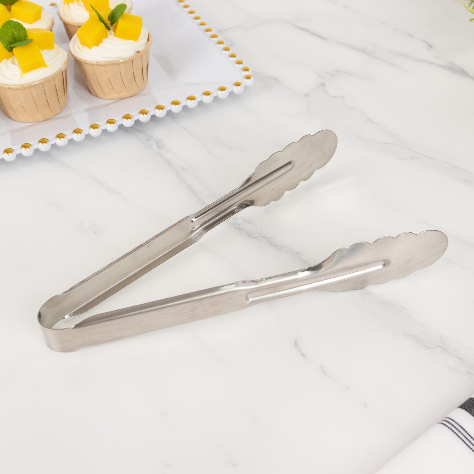 10-Pack Metal Serving Tongs Silver - Stainless Steel Food Safe Kitchen Tongs with Scalloped Gripping Edge for Indoor & Outdoor Gatherings 9.5"