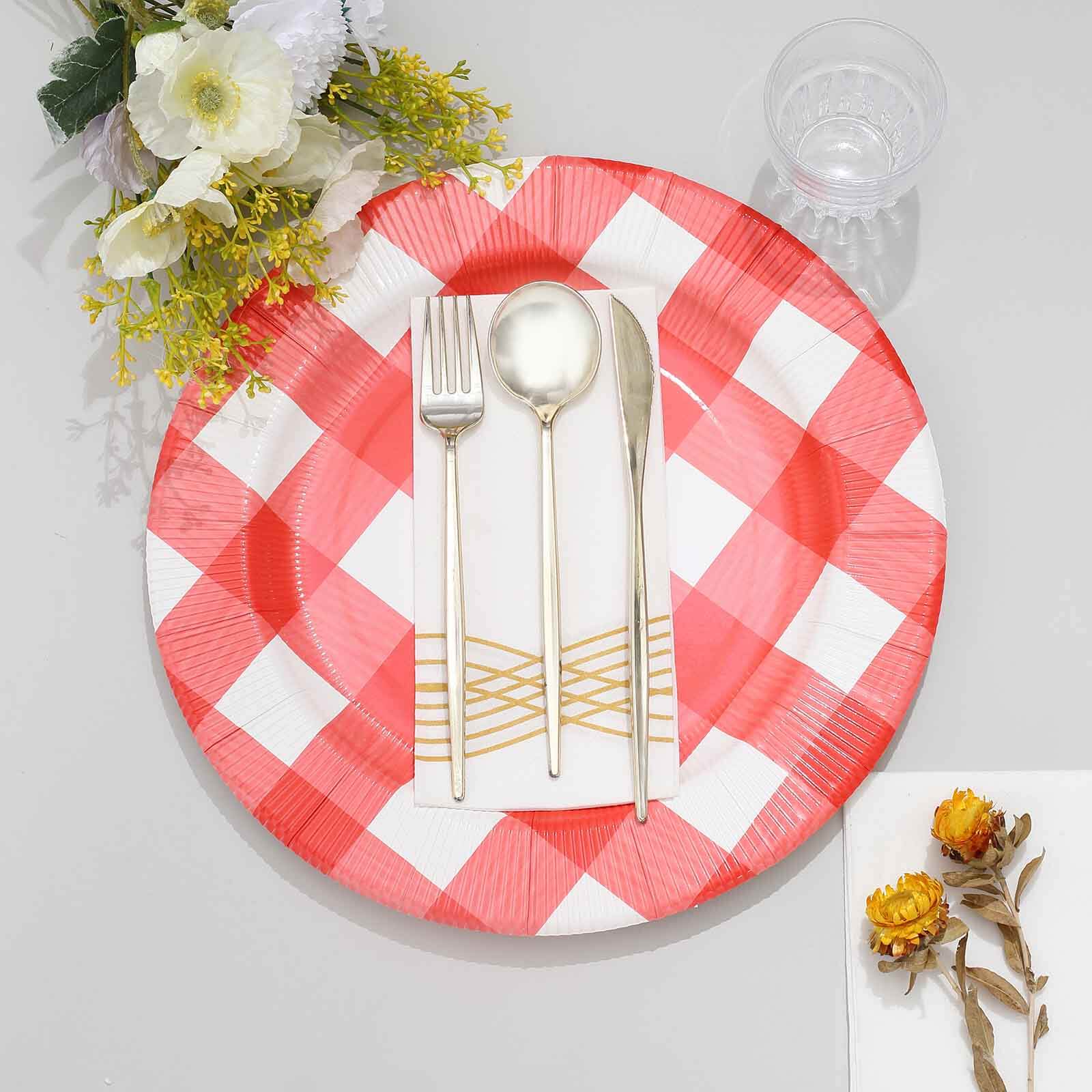10-Pack Disposable Paper Charger Plates – Red/White Buffalo Plaid 13" Round Table Chargers, 350 GSM Cardstock