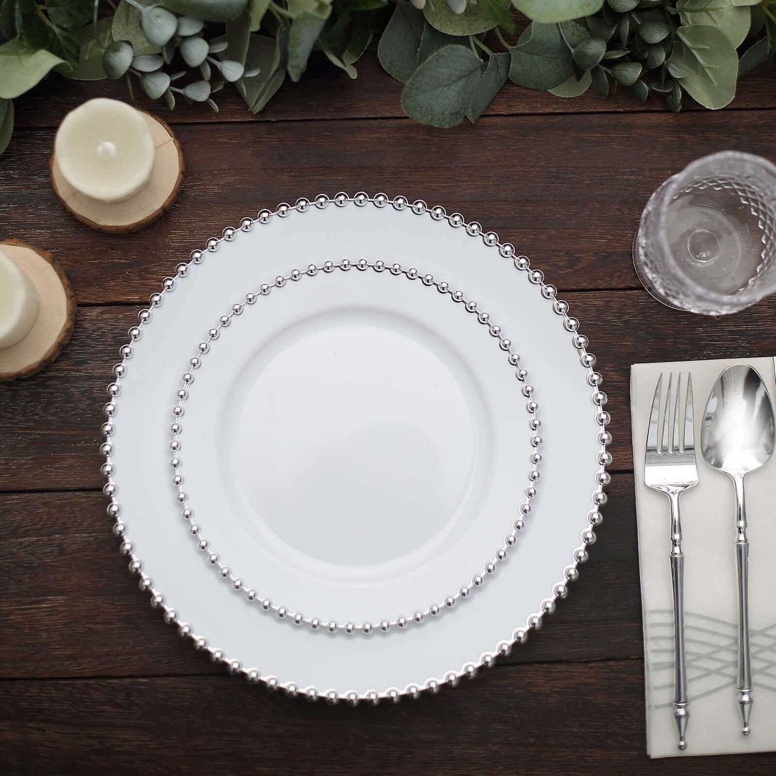 10-Pack White Plastic Dessert Plates – 8" Round with Silver Beaded Rim, Disposable for Parties & Events