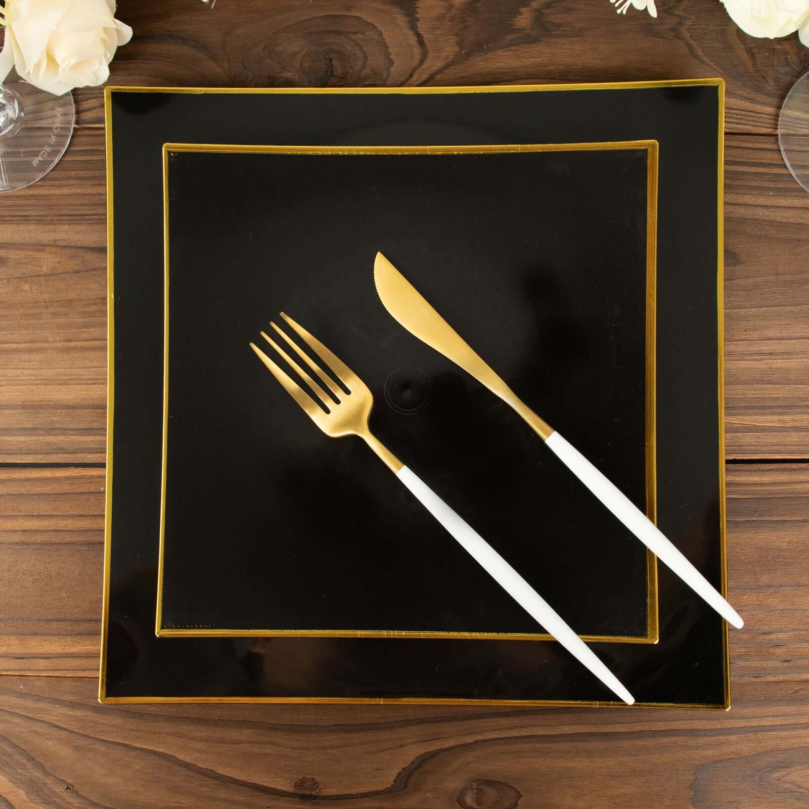 10-Pack Plastic 8" Square Dessert Plates in Black Concave Style with Gold Rim - Modern Disposable Salad Appetizer Party Plates
