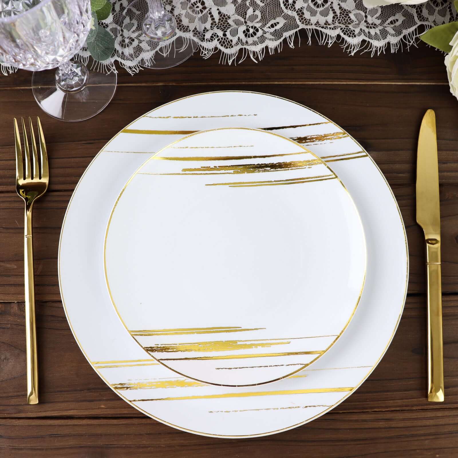 10-Pack Plastic 7" Round Dessert Plates in White with Gold Brush Stroked Print - Disposable Appetizer Salad Plates