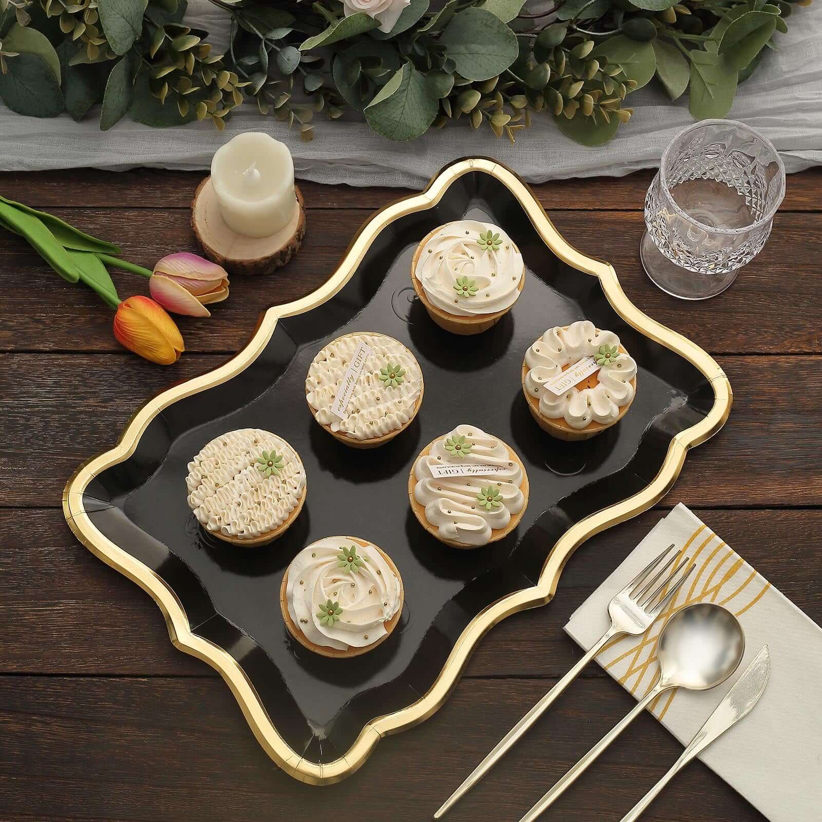 10-Pack Paper 14"x10" Rectangle Serving Trays Black - Heavy Duty Disposable 400GSM Cardboard Party Platters with Exquisite Gold Rim for Weddings & Parties