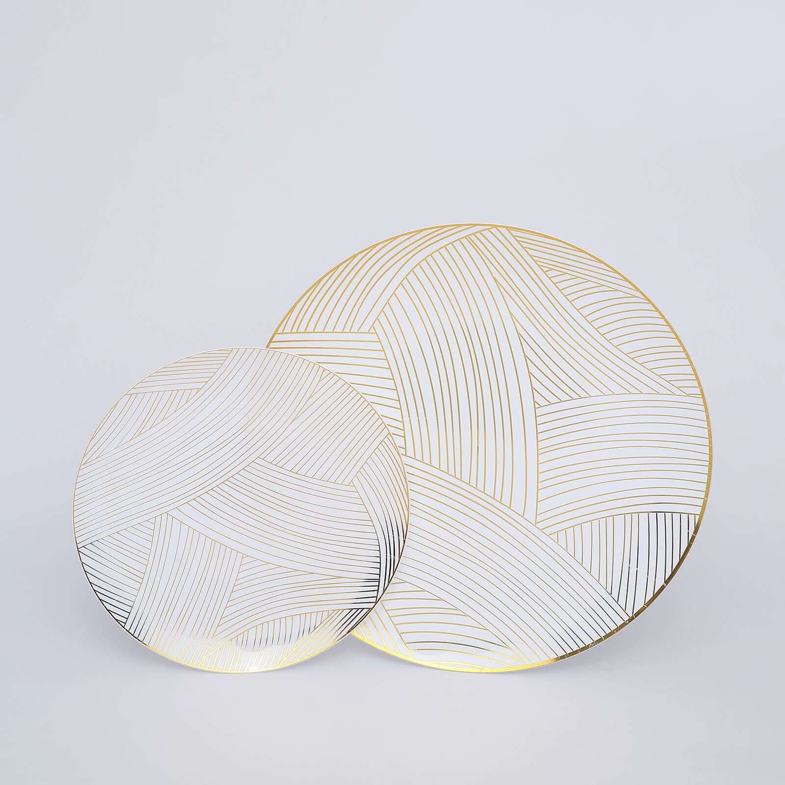 10-Pack Plastic 10" Round Dinner Plates in White with Gold Wave Brush Strokes Pattern - Disposable Party Plates for Modern & Classy Table Decor