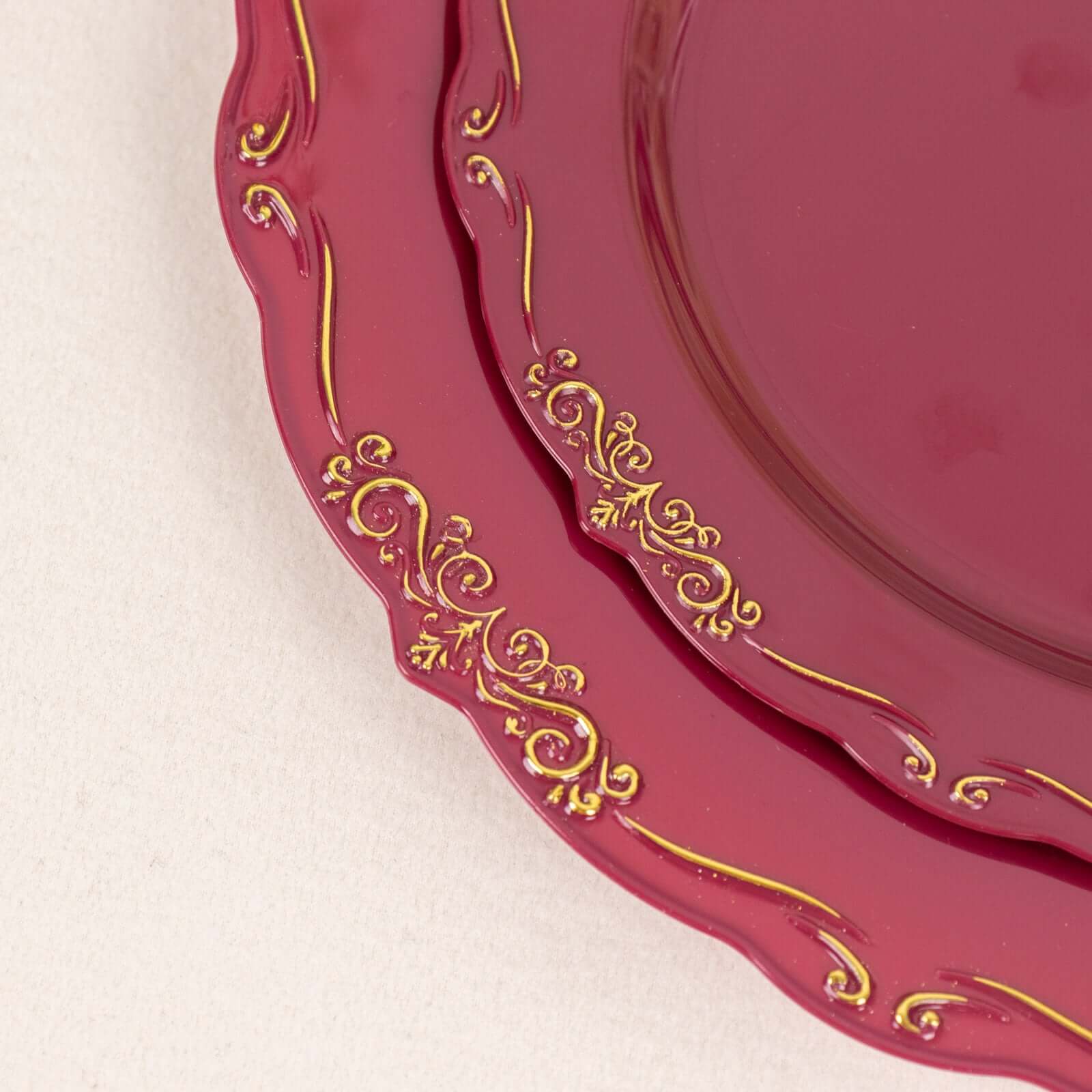 10-Pack Plastic 7" Round Dessert Plates in Burgundy with Gold Vintage Embossed Rim - Sturdy Disposable Scalloped Edge Salad Plates