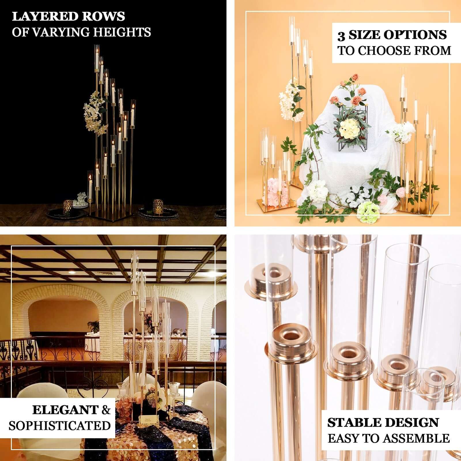 10-Arm Cluster Taper Candle Holder Gold with Clear Glass Shades - Stylish Large Candle Arrangement for Gatherings 50"