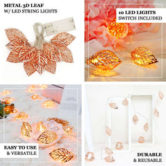 10 LED Fairy String Light Garland Rose Gold Leaves Design Warm White - Battery Operated Party Lights 5ft