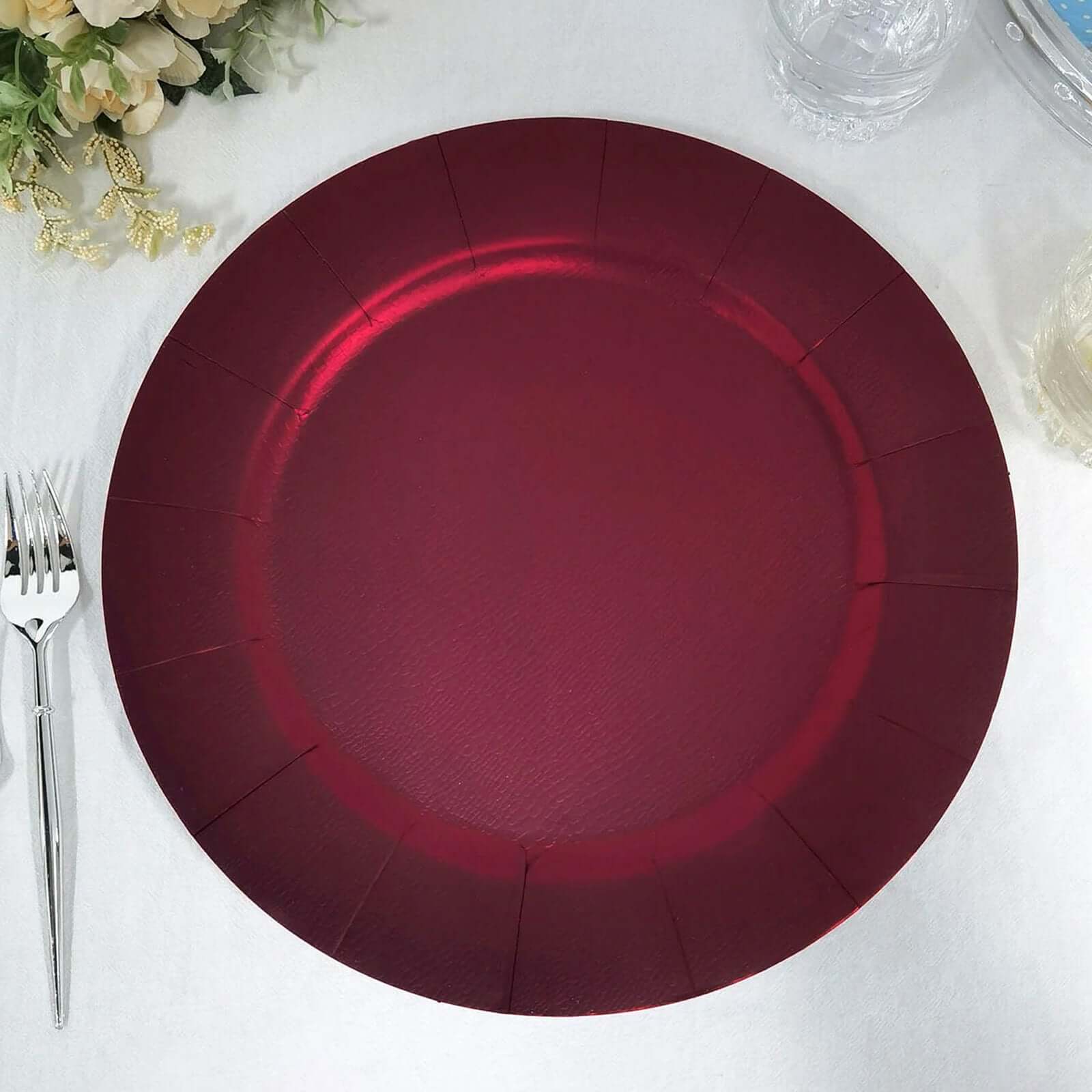 10-Pack Disposable Round Charger Plates in Burgundy with Leathery Texture - Durable 1100GSM Cardboard Placemats 13"