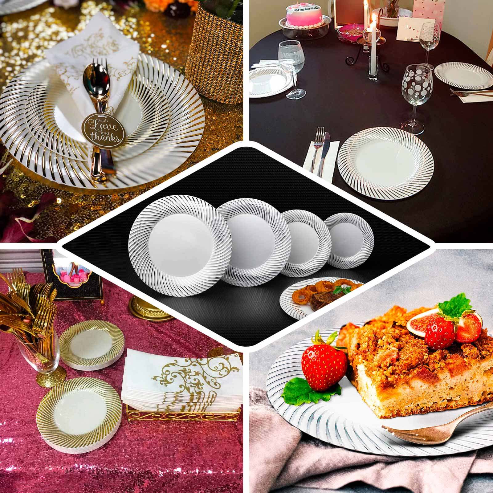 10-Pack Plastic 7" Round Dessert Plates in Clear with Gold Swirl Rim
