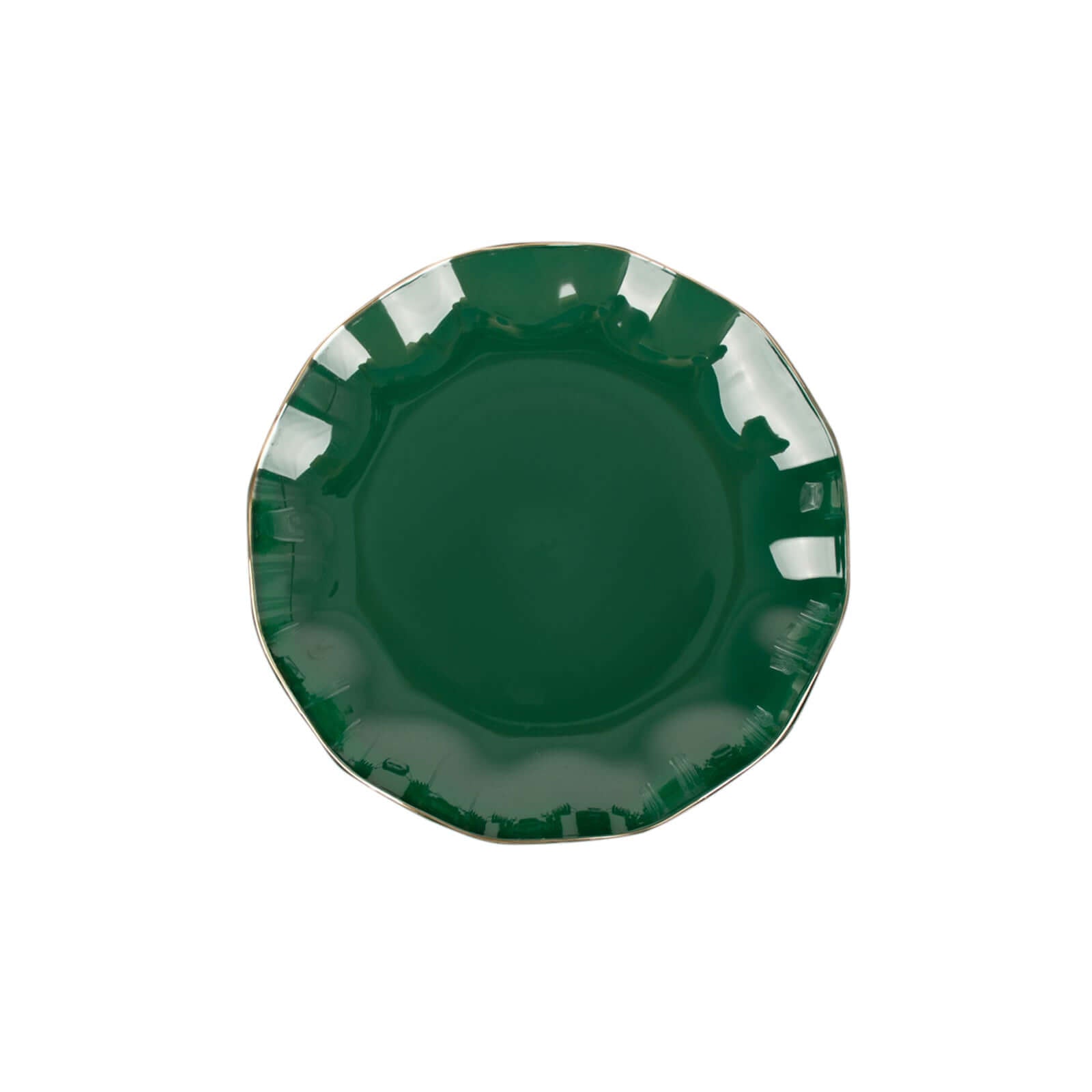 10-Pack Plastic Round 6" Dessert Plates in Hunter Emerald Green Ruffled Rim with Gold Edging - Sturdy Disposable Salad Appetizer Dinnerware