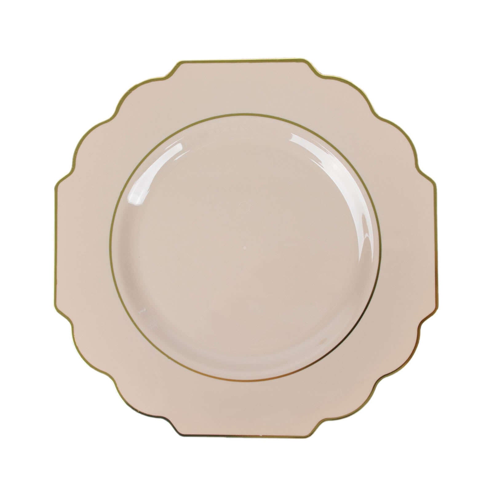 10-Pack Plastic Dessert Appetizer Plates in Taupe Baroque Design with Scalloped Gold Rim - Heavy Duty Disposable Salad Plates 8"