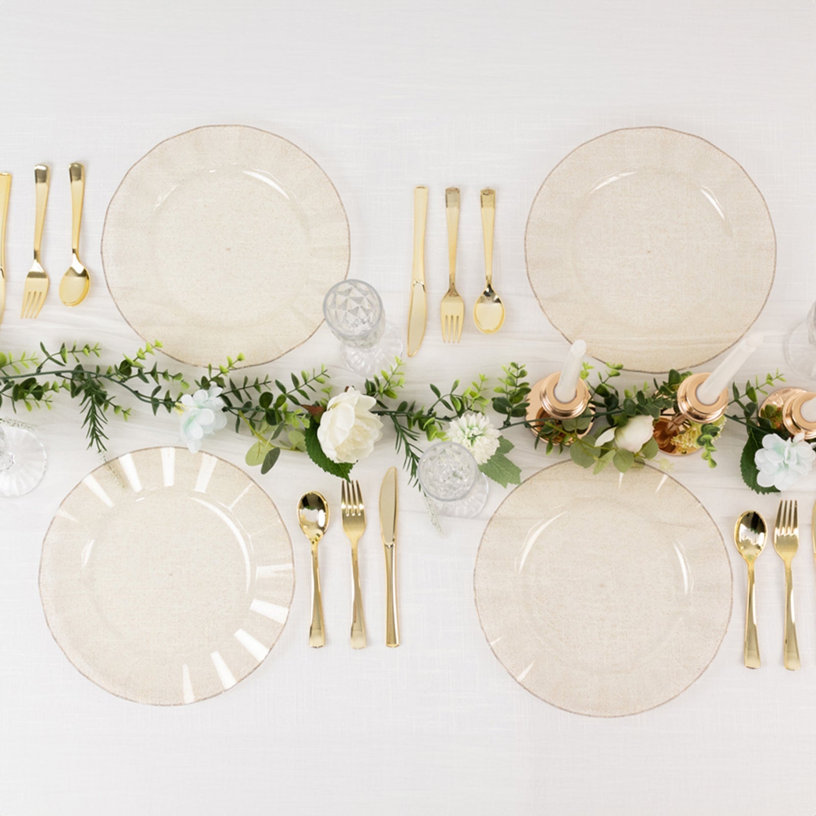10-Pack Plastic 11" Round Dinner Plates in Gold Glitter with Ruffled Rim - Transparent Sturdy Disposable Dinnerware