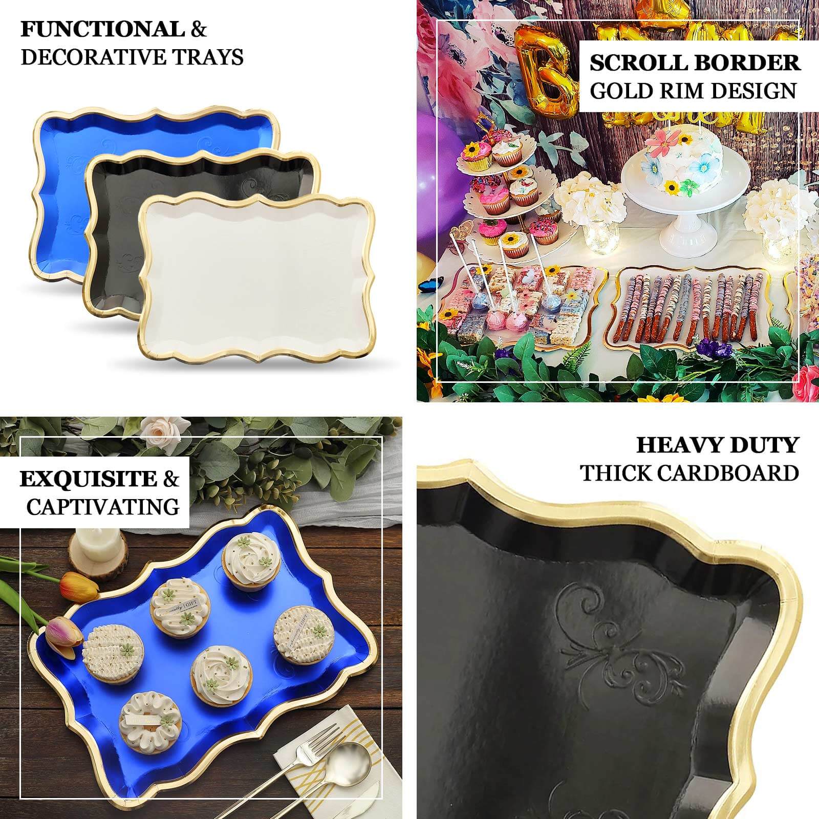 10-Pack Paper 14"x10" Rectangle Serving Trays Black - Heavy Duty Disposable 400GSM Cardboard Party Platters with Exquisite Gold Rim for Weddings & Parties