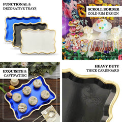 10-Pack Paper 14"x10" Rectangle Serving Trays Black - Heavy Duty Disposable 400GSM Cardboard Party Platters with Exquisite Gold Rim for Weddings & Parties