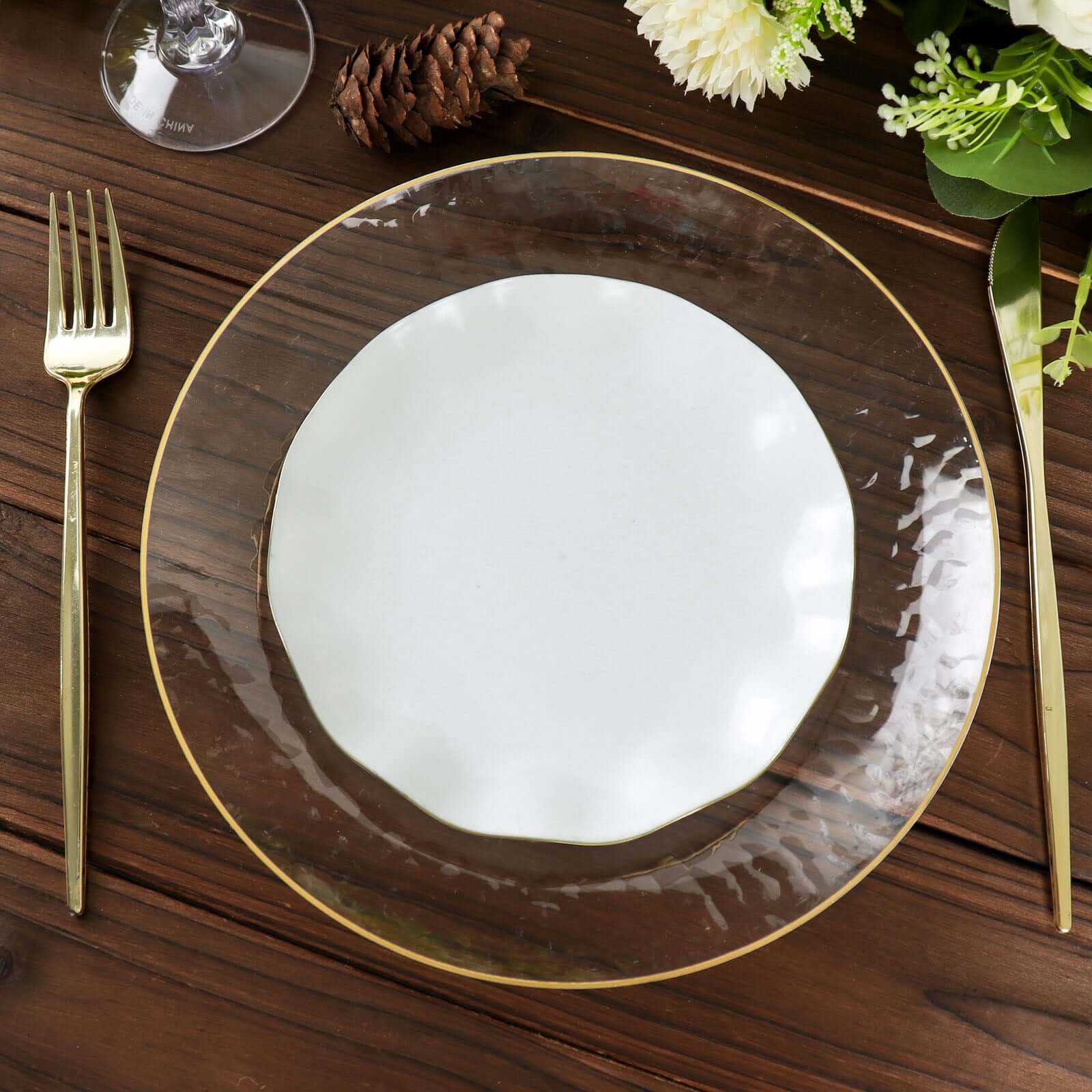 10-Pack Plastic Round 6" Dessert Plates in White Ruffled Rim with Gold Edging - Sturdy Disposable Salad Appetizer Dinnerware for Classy Events & Banquets