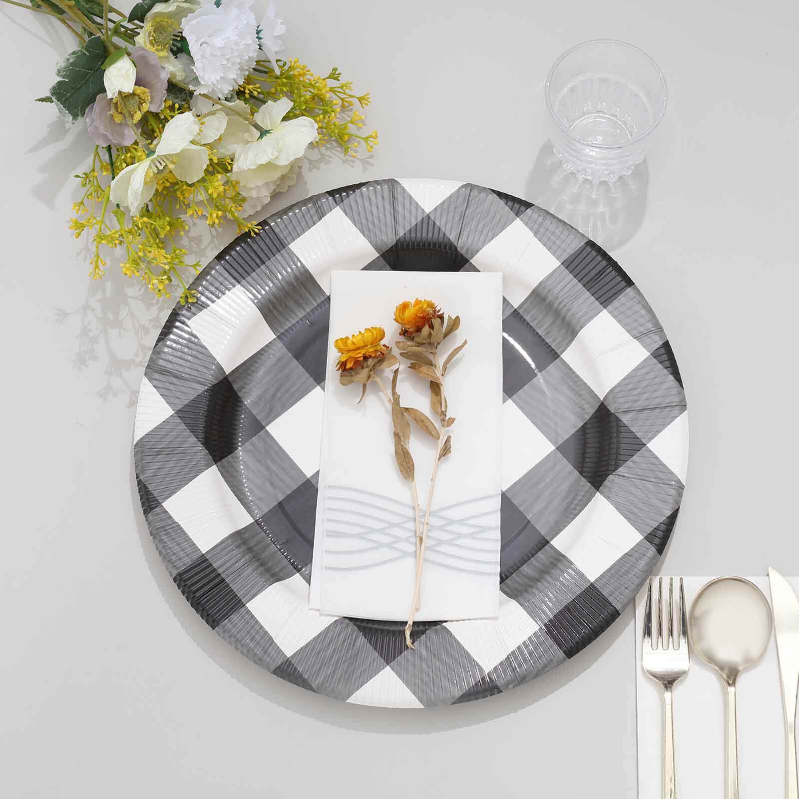 10-Pack Disposable Paper Charger Plates – Black/White Buffalo Plaid 13" Round Table Chargers, 350 GSM Cardstock