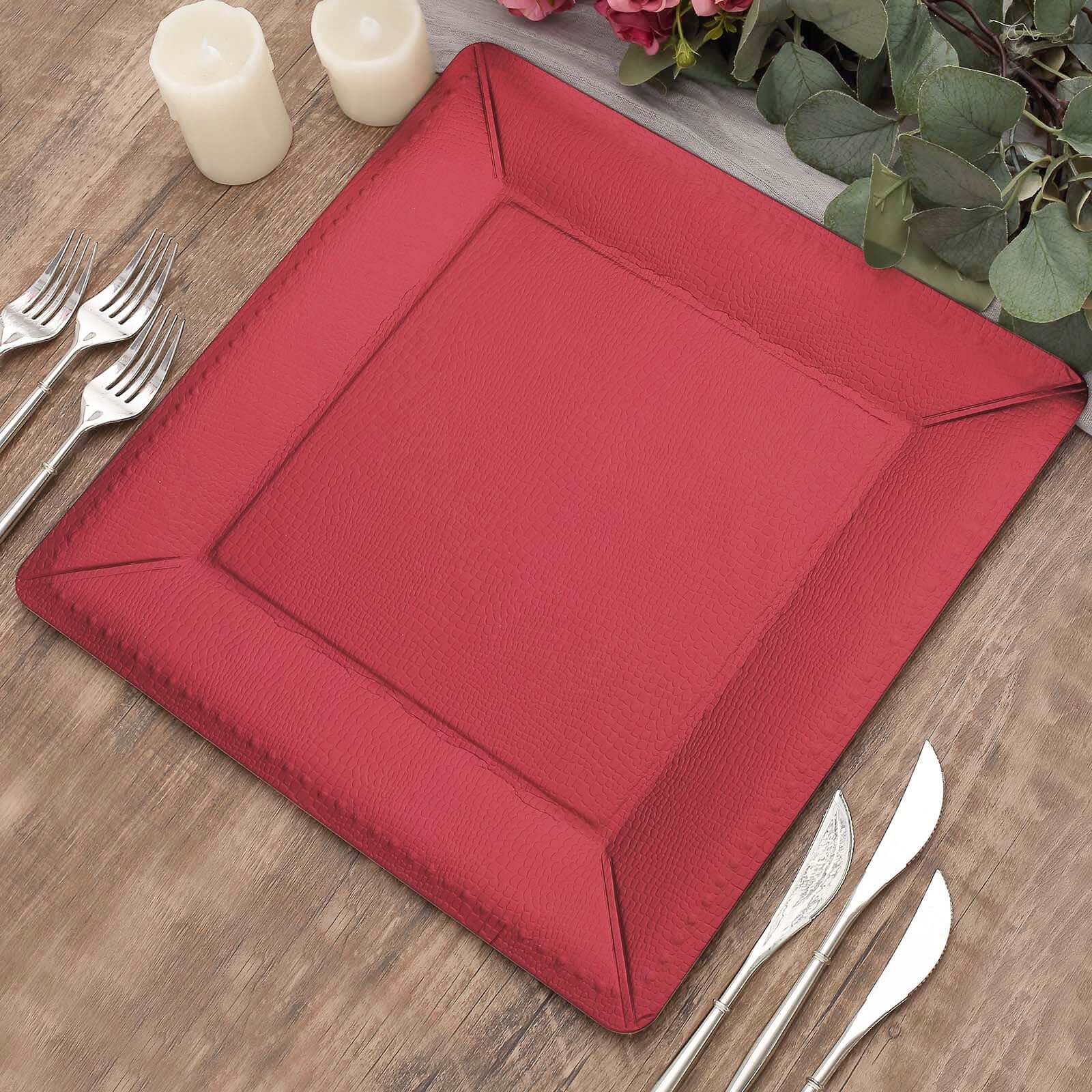 10-Pack Disposable Square Charger Plates in Burgundy with Leather Like Texture - 1100GSM Durable Paper Chargers 13"