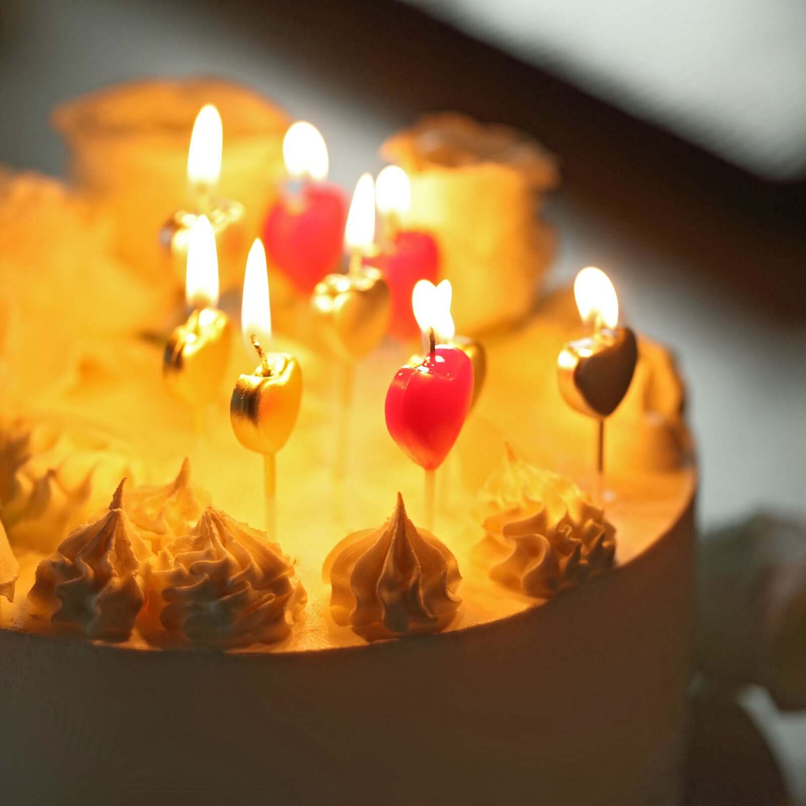 10-Pack Heart Shaped Cupcake Candles Love and Valentine Dessert Toppers - Red, Silver, and Gold
