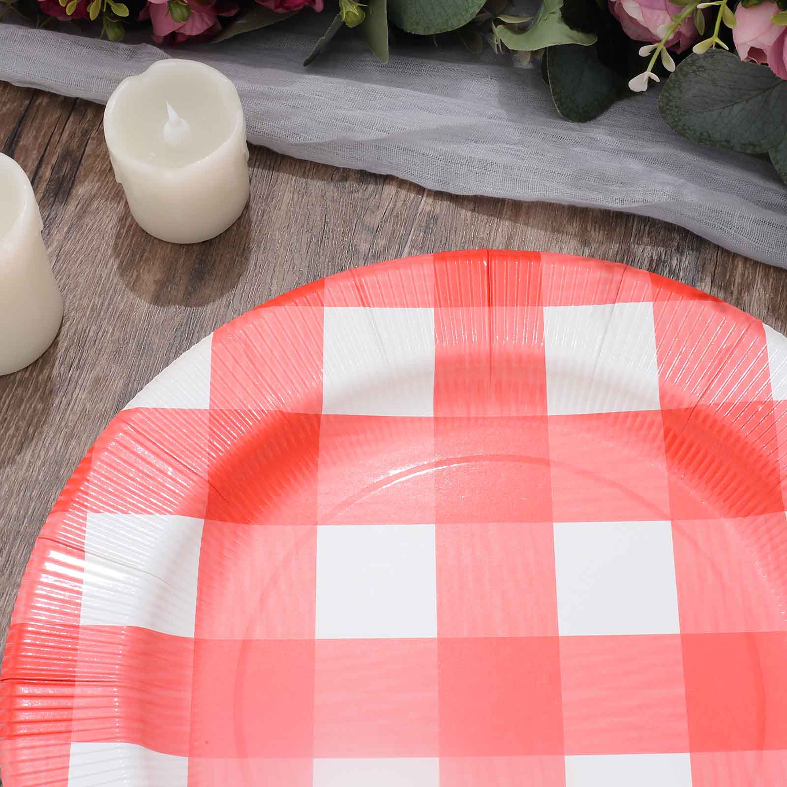 10-Pack Disposable Paper Charger Plates – Red/White Buffalo Plaid 13" Round Table Chargers, 350 GSM Cardstock