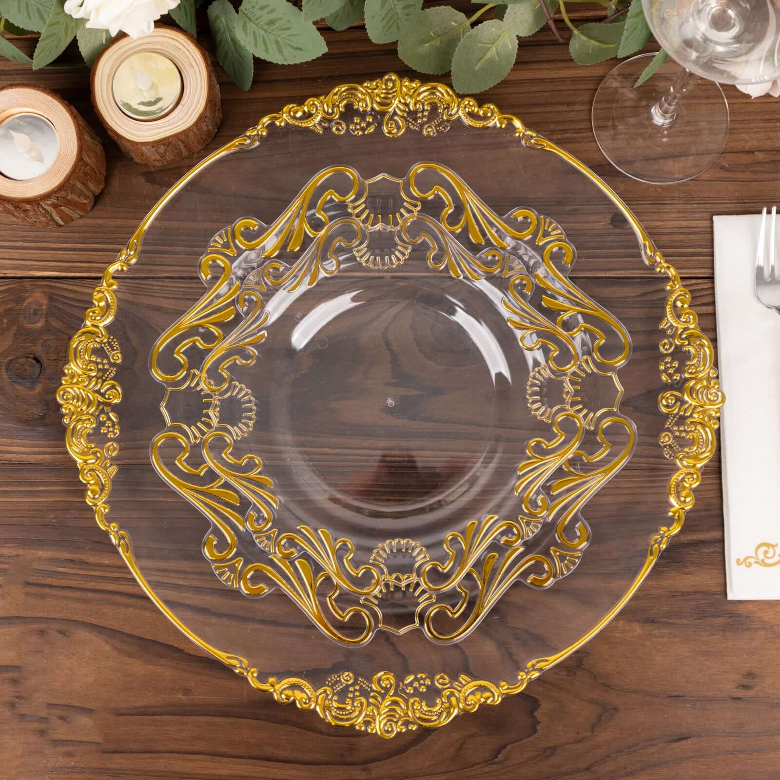 10-Pack Plastic 8" Round Dessert Plates in Clear with Gold Vintage Baroque Scalloped Rim - European Style Disposable Salad Appetizer Plates