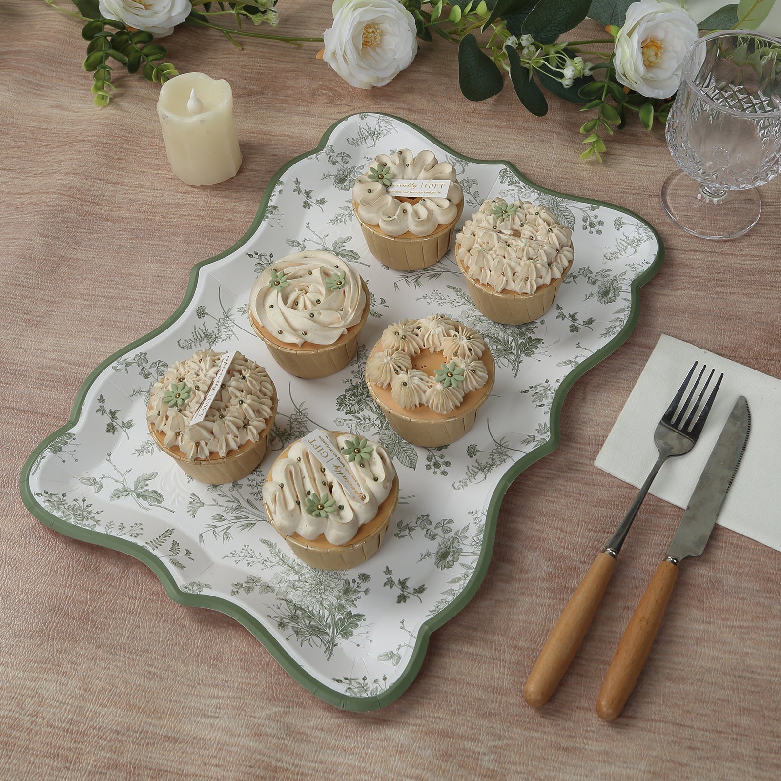 10-Pack Paper 14"x10" Rectangle Serving Trays White/Sage Green with French Toile Pattern for Weddings & Parties