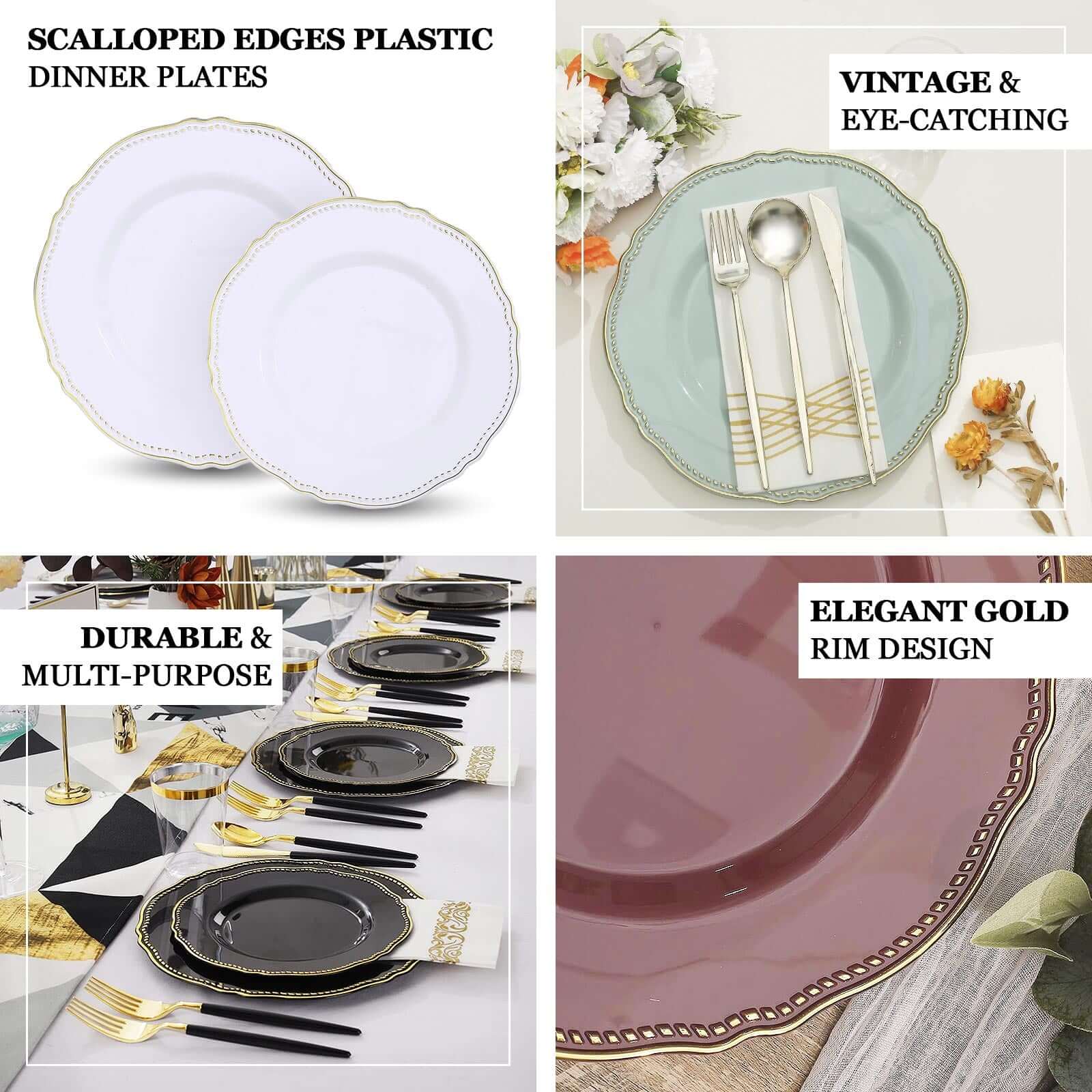 10-Pack Plastic 10" Dinner Plates in White with Gold Scalloped Rim - Disposable Large Party Plates for Upscale Events & Banquets