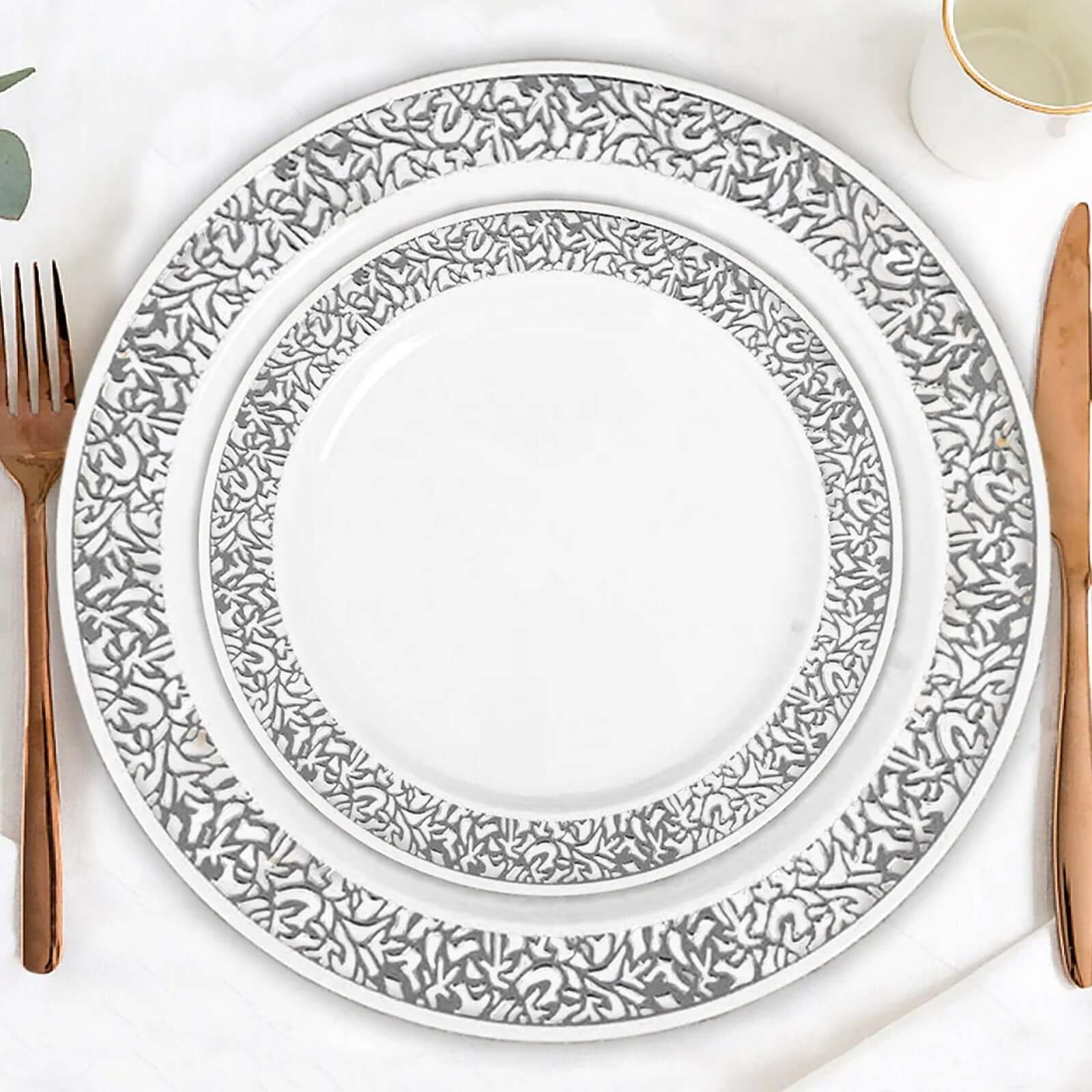 10-Pack Dessert Plates Lace Rim Design White with Silver - Plastic Disposable Appetizer Plates for Events 6"