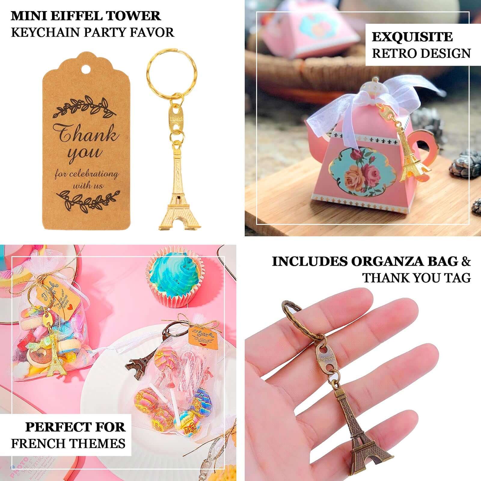 10 Pack Gold Plastic Paris Eiffel Tower Keychain Wedding Favors, 4" Bridal Shower Party Souvenirs With Thank You Tag