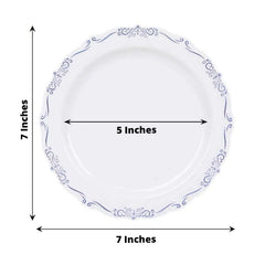 10-Pack Plastic 7" Round Dessert Plates in White with Blue Vintage Embossed Rim - Sturdy Disposable Scalloped Edge Salad Plates