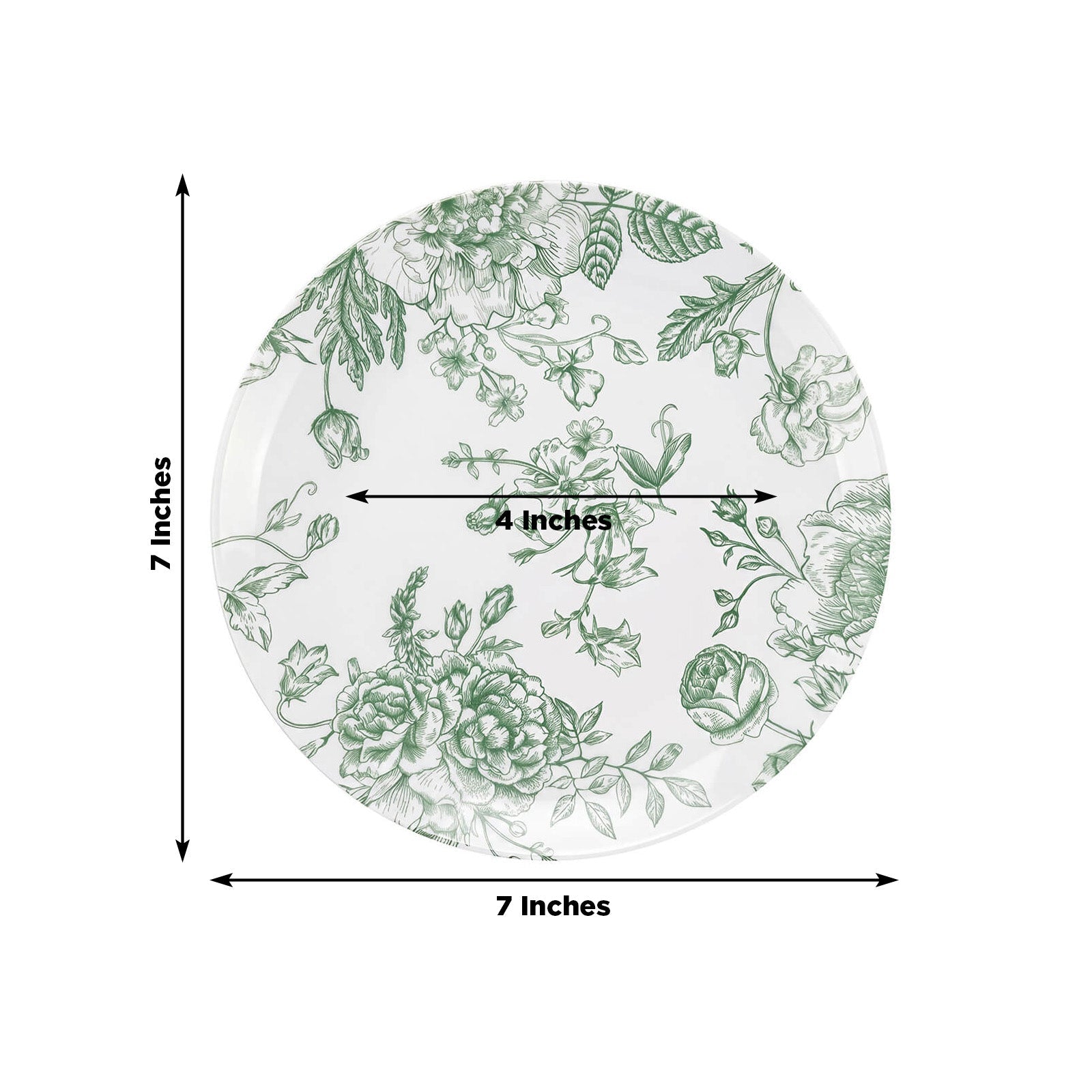 10-Pack French Toile Plastic Salad Plates – Sage Green & White Floral, 7" Round Disposable Dessert Plates